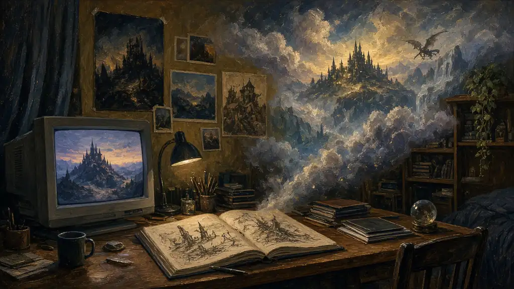 Original painting of a late-night desk with an old CRT monitor and fantasy dreams rising like clouds