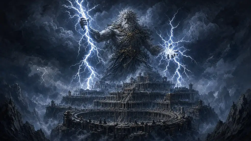 Painting of a giant storm lord wreathed in lightning above a tiered stone arena