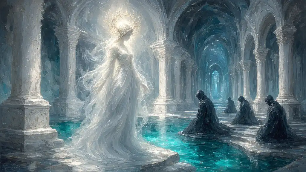 Painting of a pale ghostly woman in a flooded marble hall as hooded figures kneel