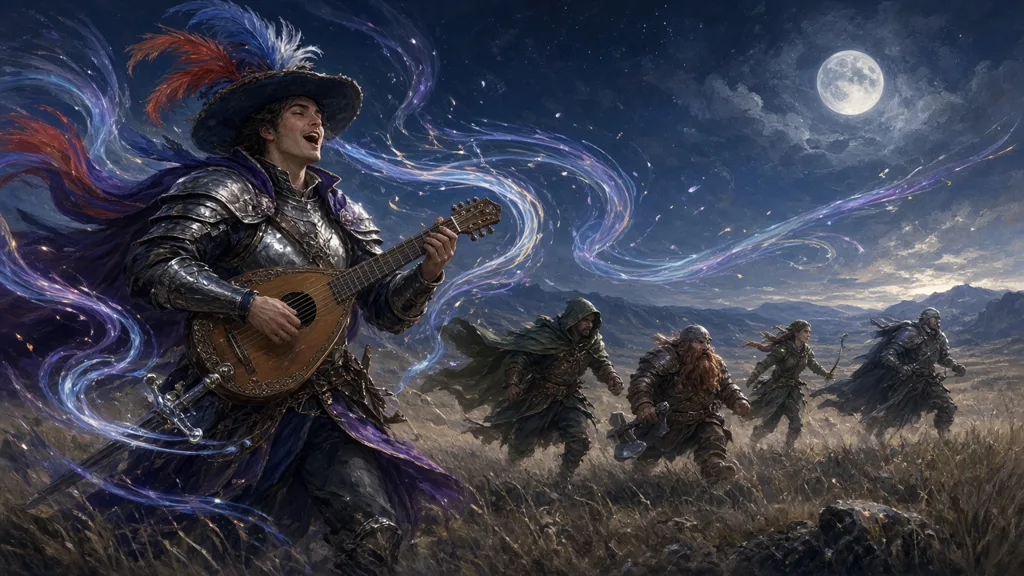 Original painting of a bard in plate and a feathered hat playing a lute as ribbons of song speed a running party across a moonlit plain