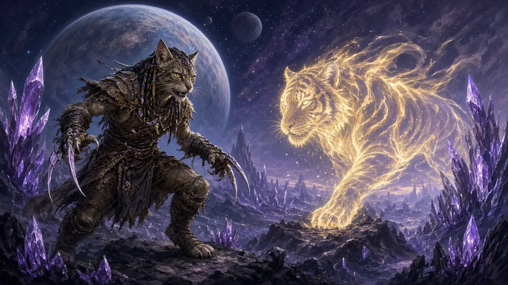 Original painting of a feline beastlord with claw weapons fighting beside a glowing spirit tiger on a crystal-strewn moon