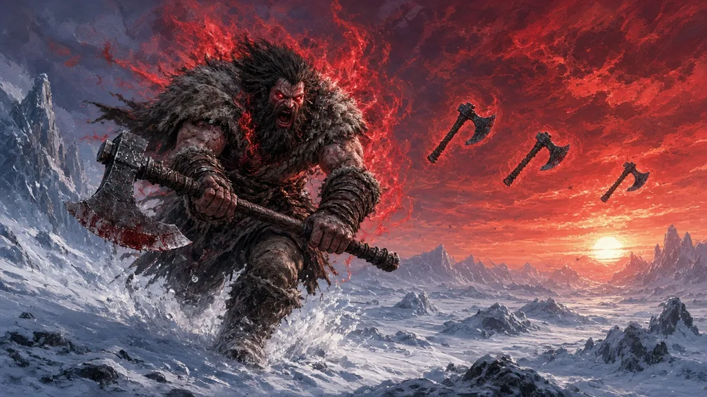 Original painting of a raging barbarian berserker with a huge two-handed axe charging through snow under a red sky, throwing axes flying