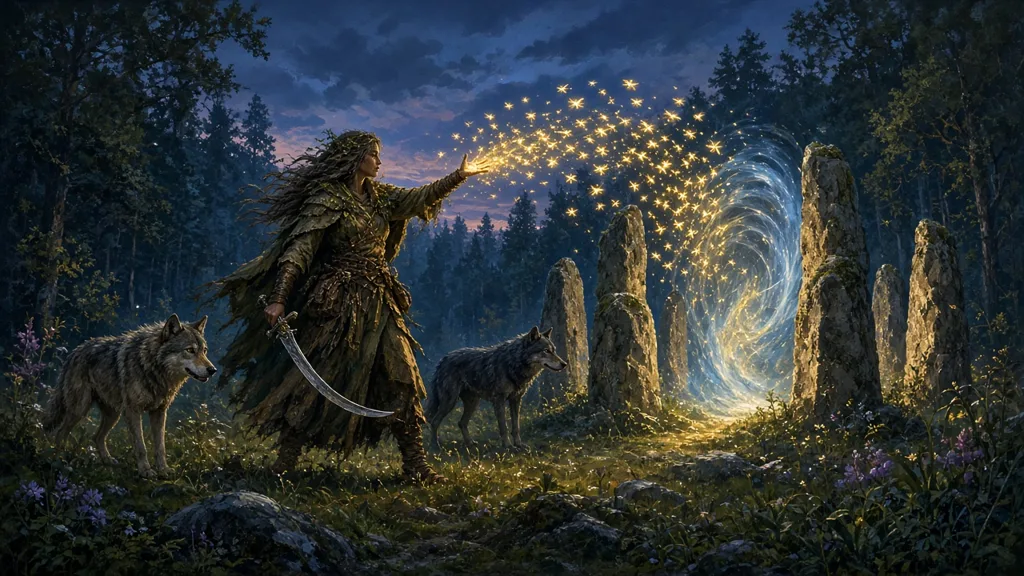 Original painting of a druid with a scimitar beside wolves, calling a swarm of glowing lights at a standing-stone portal in a twilight forest