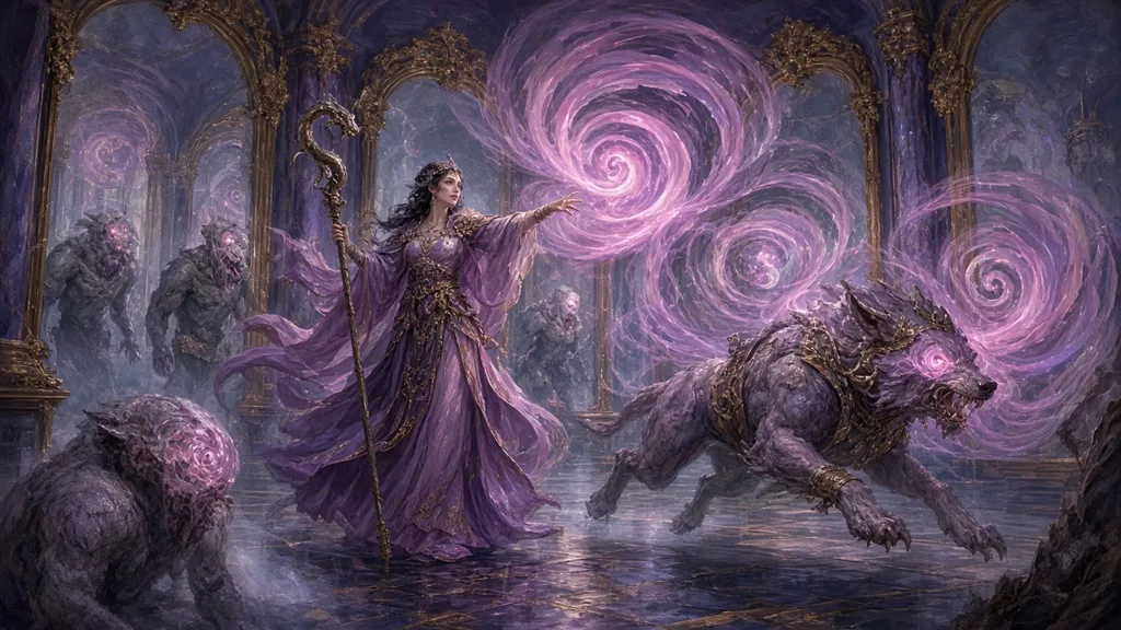 Original painting of an enchanter with a serpent staff mesmerizing monsters with violet spirals while a charmed beast fights for her