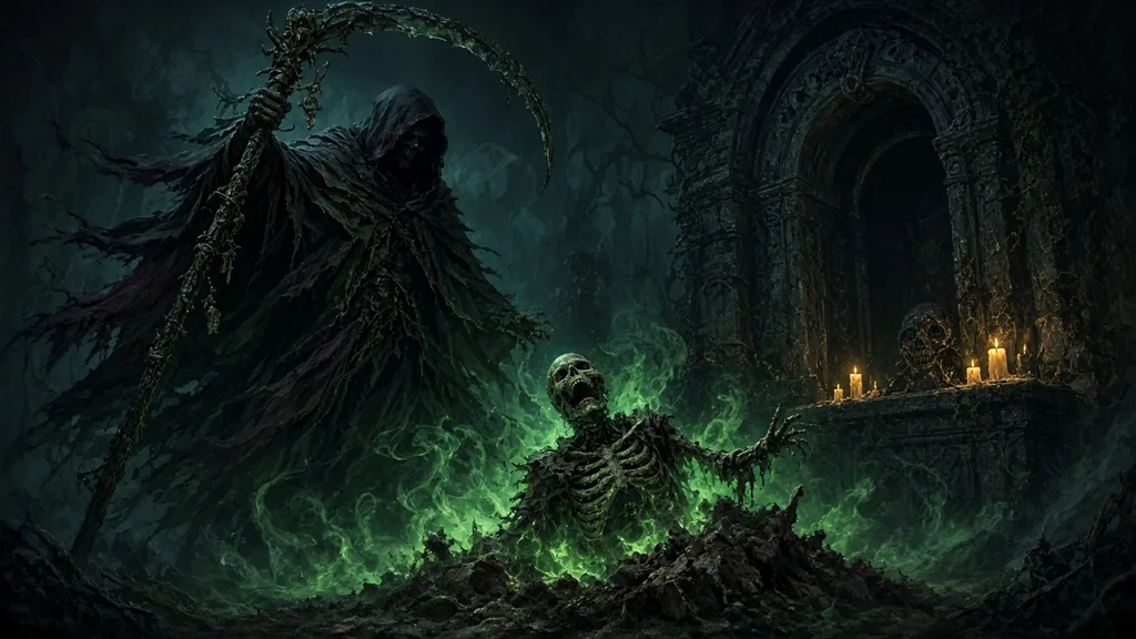 Original painting of a hooded necromancer with a scythe staff raising a skeleton from a grave in a candlelit crypt full of green mist