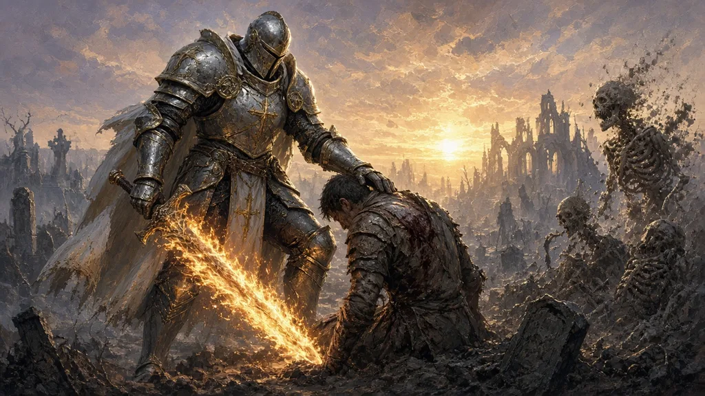 Original painting of a paladin in shining plate with a flaming sword laying a hand on a kneeling ally as skeletons crumble at dawn