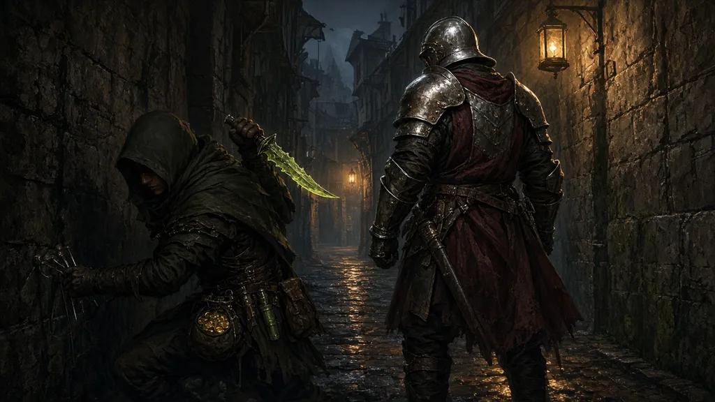 Original painting of a hooded rogue with a glowing poisoned dagger creeping behind an armored guard in a lantern-lit alley