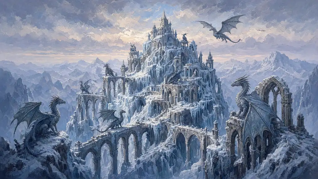 Painting of an icy white citadel of dragons and statues among frozen mountains