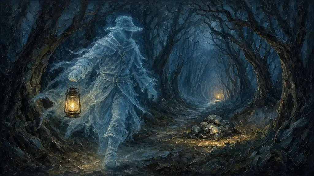 Original painting of a ghostly adventurer with a lantern running back through a dark forest to recover a corpse