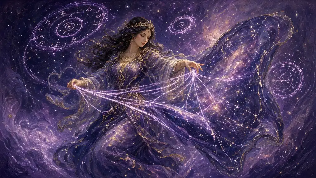 Painting of a sorceress in violet robes weaving threads of starlight and runes