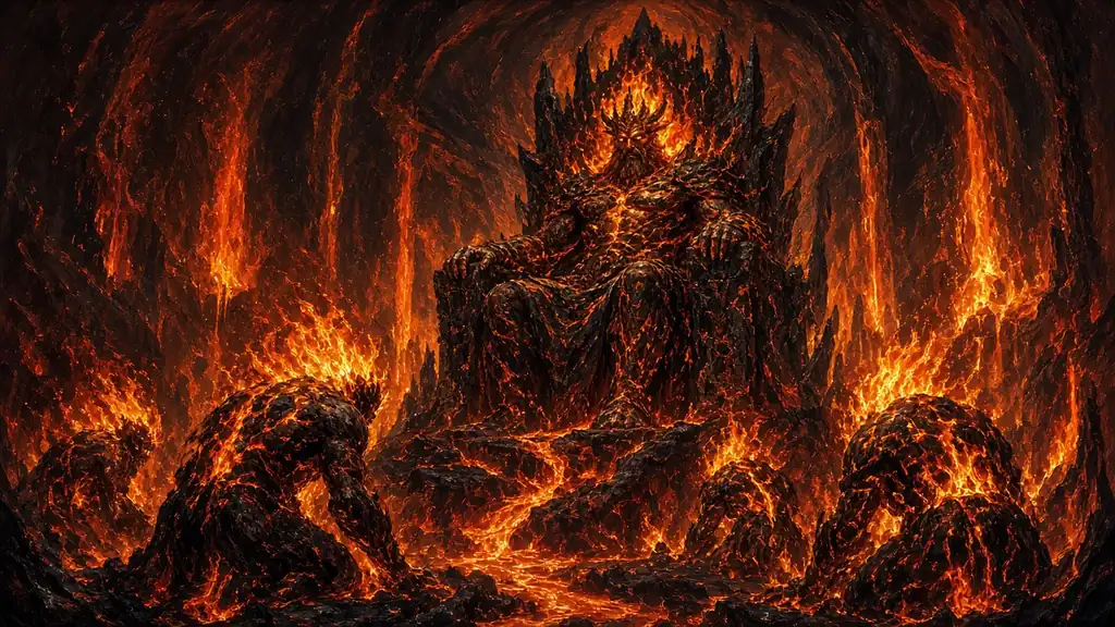 Painting of a burning throne of fire amid rivers of lava