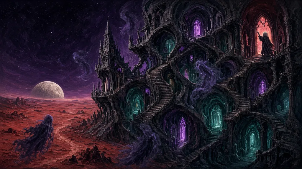 Painting of a twisted dark mansion with glowing green and purple windows on a red moonlit plain