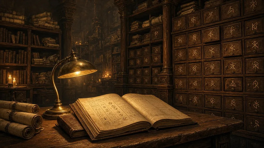Original painting of a candle-lit archive hall with rune-marked catalog drawers and an open index ledger