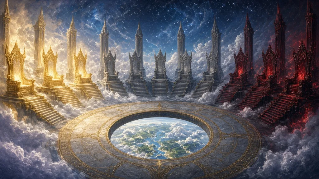 Original painting of a ring of towering divine silhouettes, one radiant, one storm-wreathed and one shadowed, above a mortal world