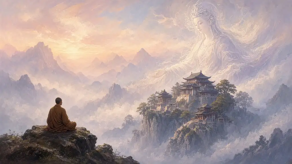 Painting of a monk meditating on a rock above misty pale mountains