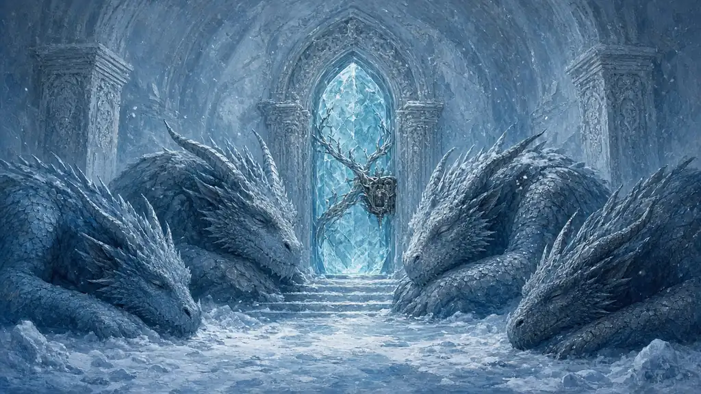 Original painting of four sleeping dragon warders guarding a sealed ice door in a frost-blue tomb