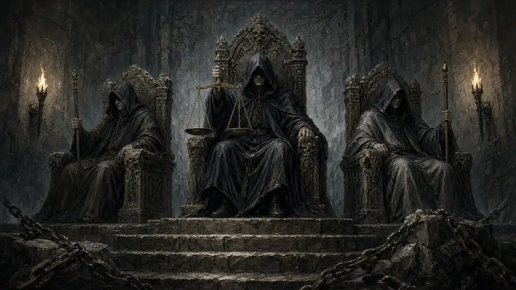 Painting of three hooded judges on stone thrones in a dark hall