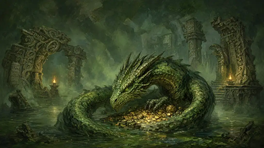Painting of a green dragon coiled in sunken jungle ruins
