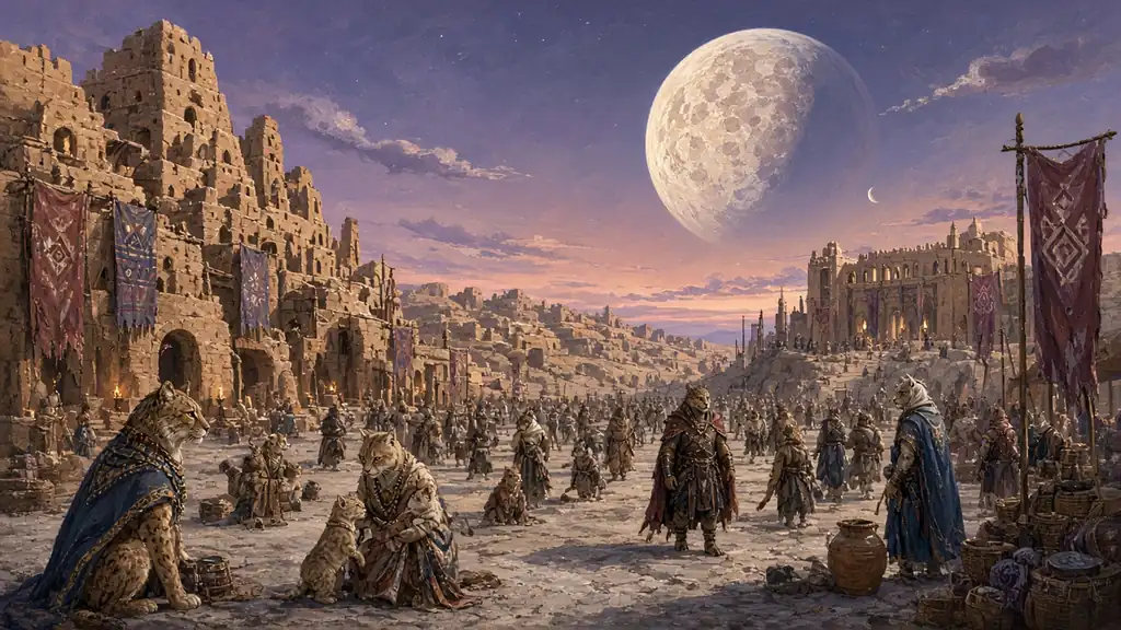 Painting of cat-folk Vah Shir in a sandstone city street beneath a large moon