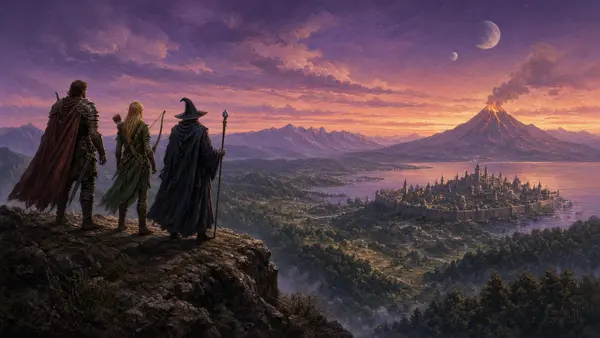 Original illustration of adventurers on a cliff at dusk