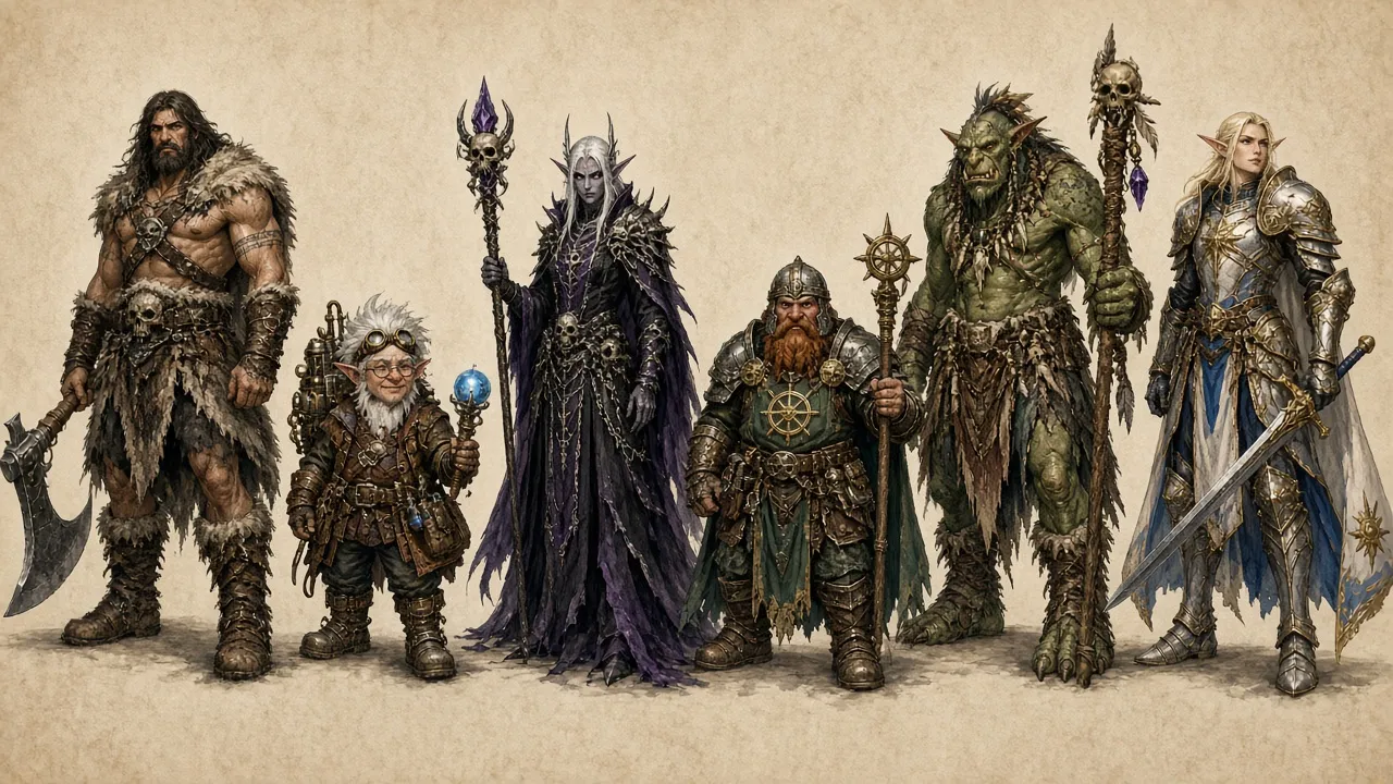 Six fantasy heroes: barbarian, gnome, dark elf, dwarf, troll and high elf