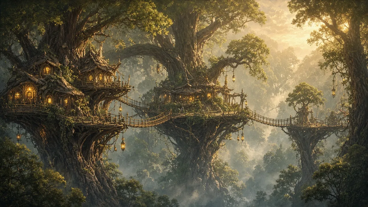 Treetop elven city connected by rope bridges